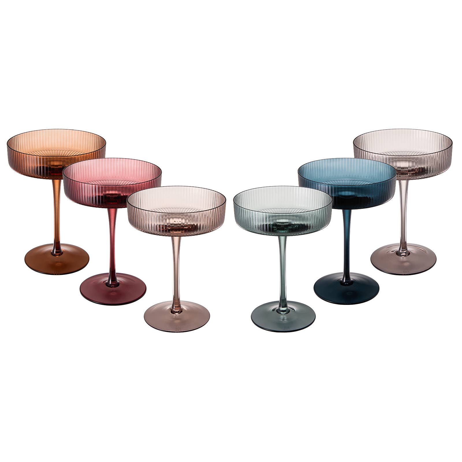 Art Deco Ribbed Pastel Coupe, & Cocktail Glasses - 6 Set - HER Home Design Boutique
